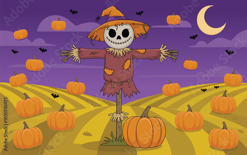 Creepy scarecrow standing in a pumpkin patch field on a spooky Halloween night.