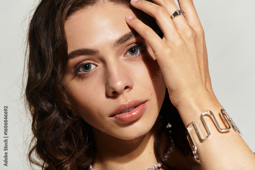 Fototapeta premium Captivating portrait of a young woman with stunning makeup in a studio setting