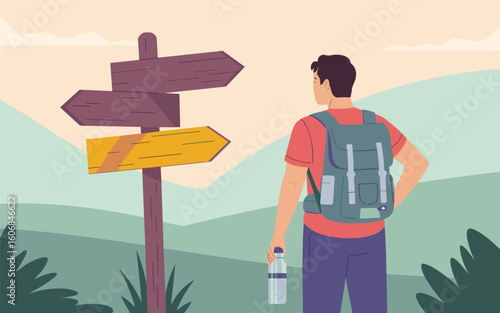 A flat vector illustration of a hiker choosing a path at a crossroads signpost in nature