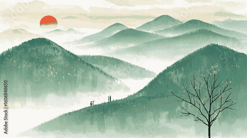 Tranquil Flow Multi-layered green mountain landscape isolated watercolor vector illustration svg