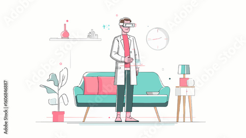 Vector Illustration of Home Physical Therapy with Augmented Reality Glasses