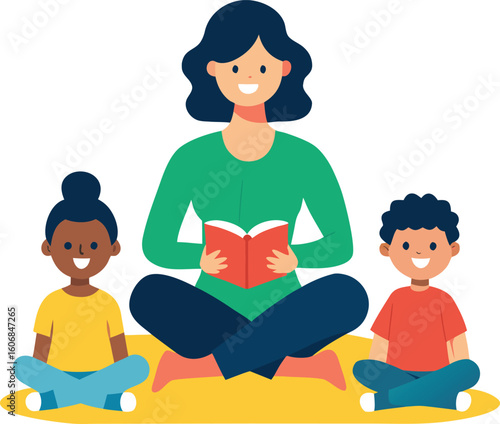Happy smiling teacher or parent reading a book to two diverse children sitting cross legged on a mat isolated on transparent background