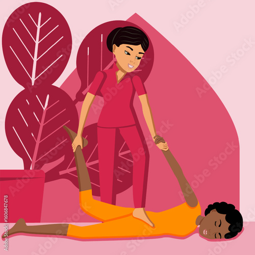 Shiatsu massage. Therapy and treatment by professional therapist in SPA. Isolated flat vector illustration. Eastern and African ethnicity.