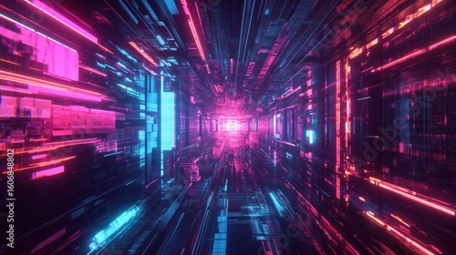 Photorealistic futuristic cyberspace corridor with vibrant neon colors and dynamic geometric patterns. High-speed digital data tunnel with glowing neon lights