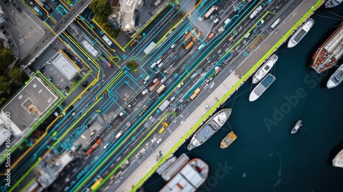 Fototapeta Naklejka Na Ścianę i Meble -  Smart transportation system managing traffic flow in city and harbor with artificial intelligence