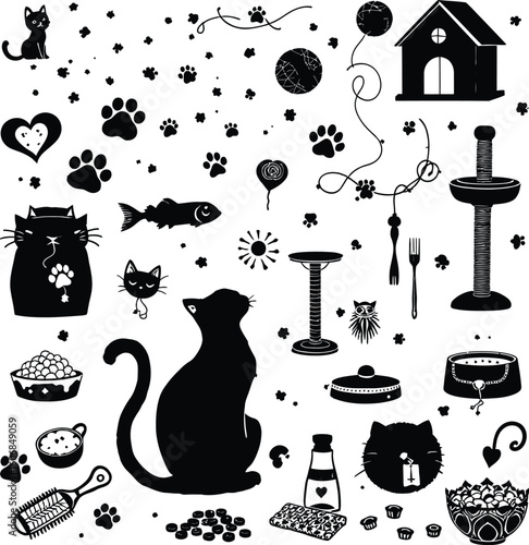 Black and white cat illustration with toys food and accessories for pet care and well being