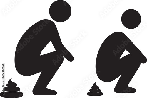 Two figures squatting with feces silhouette