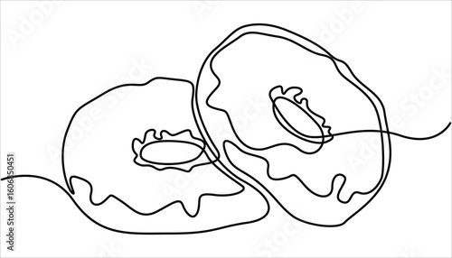 
Single one line drawing fresh donuts. World food day concept. Abstract dessert sweet donut with frosting, donut icon logo. continuous line drawing of sweet tasty donut. vector illustration