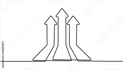 Upward growth arrow continuous one line drawing minimalism design. Arrow in continuous line drawing style. Line art of the arrow icon. 