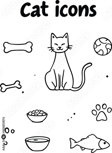 Cat icons set vector illustration cute animal pet food and toy design elements black and white drawing