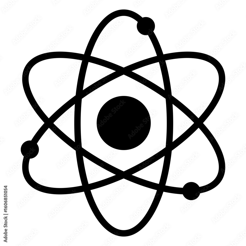 Símbolo ciencia. Icono aislado con átomo con electrones en órbita Símbolo ciencia. Icono aislado con átomo con electrones en órbita