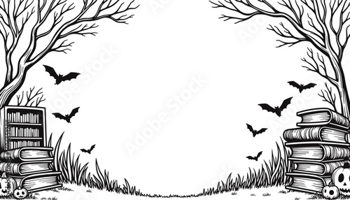Abstract Halloween frame with haunted library and flying books, kids coloring