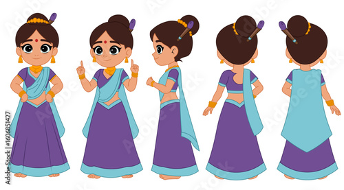 Cute Cartoon Indian Girl in Purple Saree Dress Illustration Set