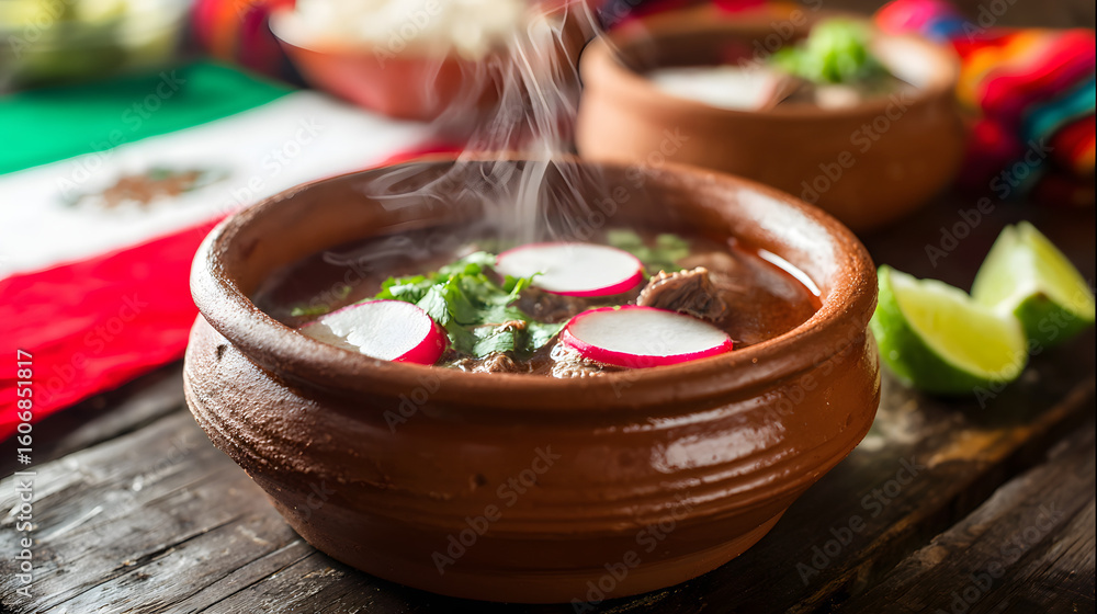 A steaming bowl of pozole soup garnished with radish and lime, set on a rustic wooden table with blurred patriotic colors. A steaming bowl of pozole soup garnished with radish and lime, set on a rustic wooden table with blurred patriotic colors.