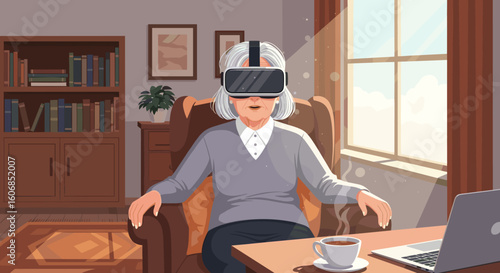 Elderly Woman Experiencing Virtual Reality at Home: Modern Technology and Leisure Scene
