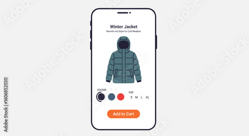Smartphone app displaying a winter jacket for online shopping with color and size selection options