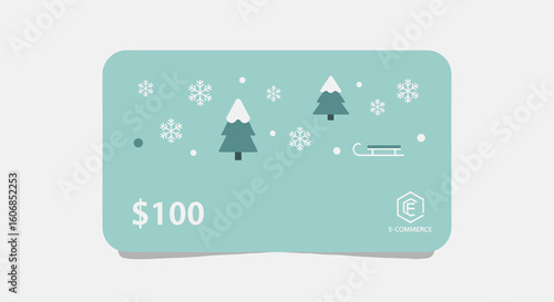 Festive $100 Gift Card with Winter Holiday Theme and Snowflakes on a Teal Background