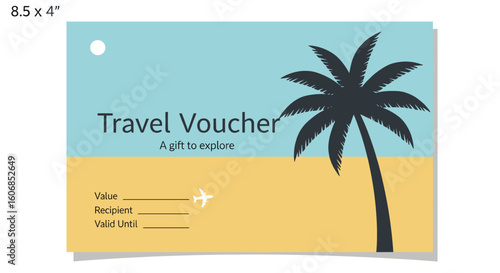 Travel Voucher Design: Tropical Beach Scene with Palm Tree, Gift Certificate, Holiday Concept