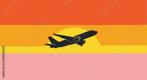 Airplane silhouette taking off against sunset sky, travel and aviation concept, retro style, flat design 