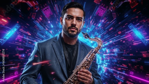 Holding gold tenor saxophone, musician wearing navy blazer standing in neon stage, glowing shapes