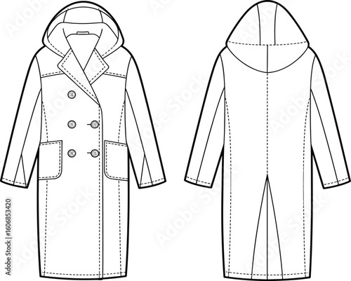 Flat sketch of double breasted long hooded coat front and back view, winter fashion technical drawing, unisex outerwear template vector