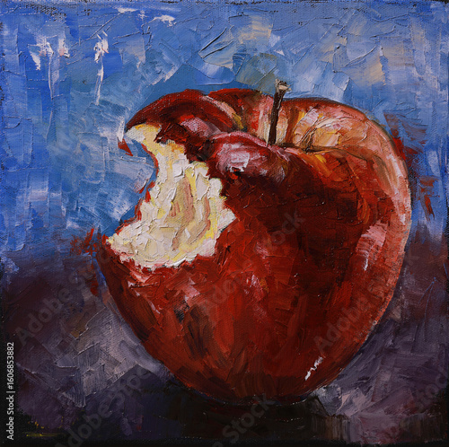 Bitten Red Apple – Textured Still Life Painting