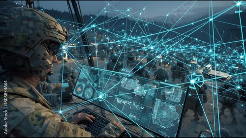 An AI-powered central command, where a central AI core processes vast amounts of battlefield data from various sources (satellites, drones, ground sensors) to provide real-time strategic analysis and 