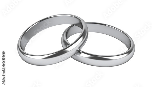 Two silver wedding rings intertwined on transparent background representing commitment and love