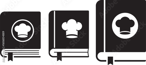 Three cookbooks with chef hats silhouette