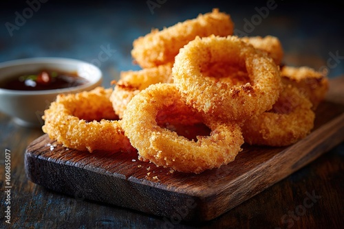 Crispy onion rings piled high on a wooden board, with a dipping sauce