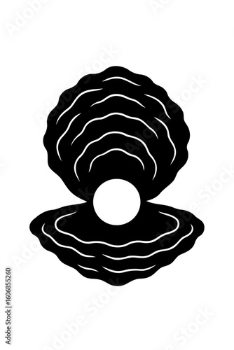 Minimalist open oyster shell with a pearl, a black and white icon symbolizing nature's hidden treasure.