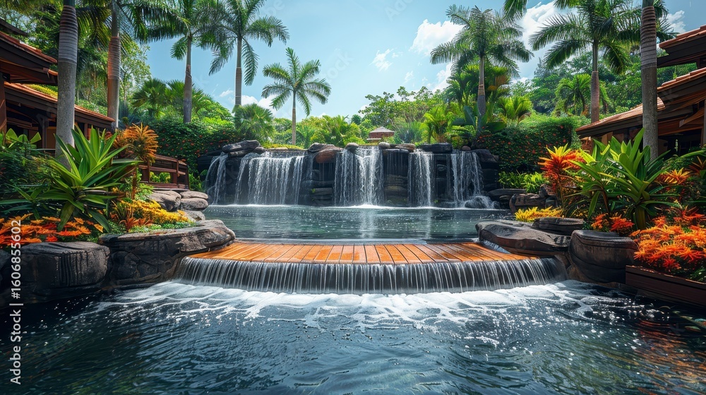 Naklejka premium Lush tropical resort cascade with water feature and vibrant foliage under a clear blue sky