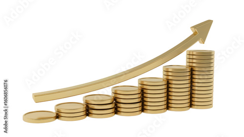 Gold coins stacked high with arrow rising—symbolizing financial success, investment, and upward growth