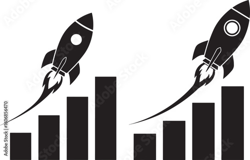 Rockets ascending over bar graph silhouette