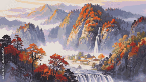 A painting of a mountain landscape covered in fog isolated watercolor vector illustration svg