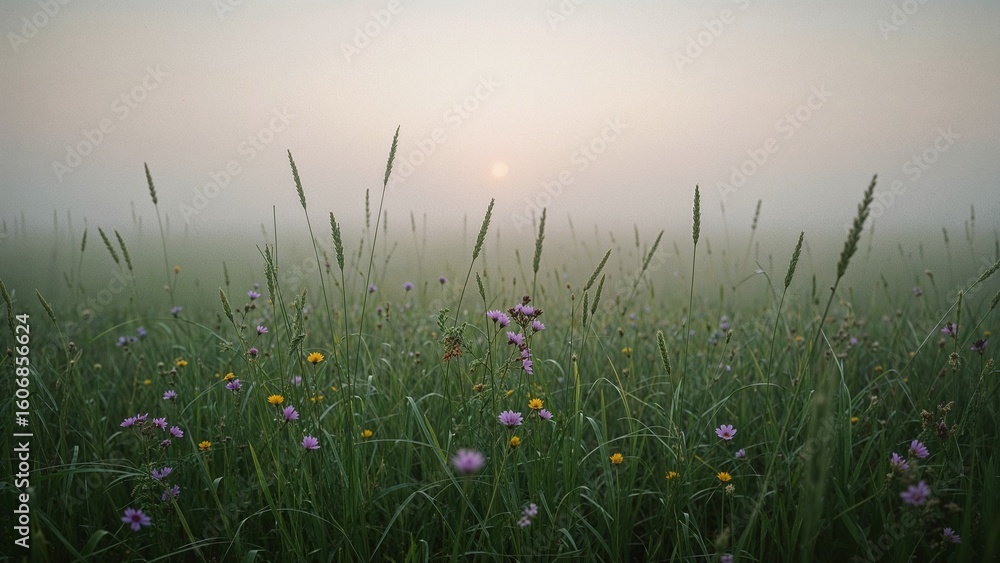 Fototapeta premium Dew-covered grass, purple and yellow wildflowers resting in foggy meadow at dawn, with pale sun orb