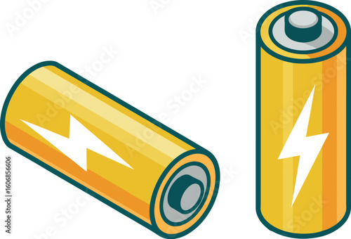 Illustration of two yellow batteries with white lightning bolt on a white background surface