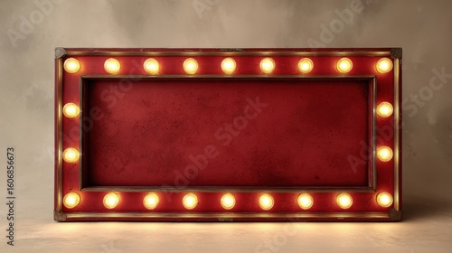 Vintage marquee sign with glowing lights and red background for text