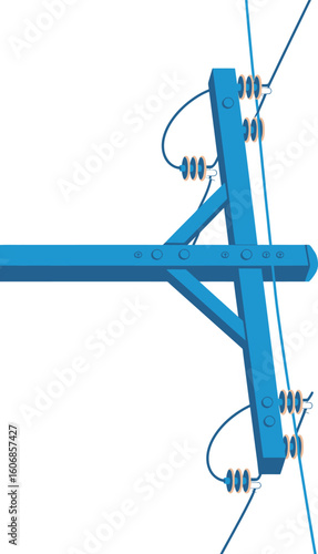 Illustration of a blue utility pole with wires and insulators against a white background view from below