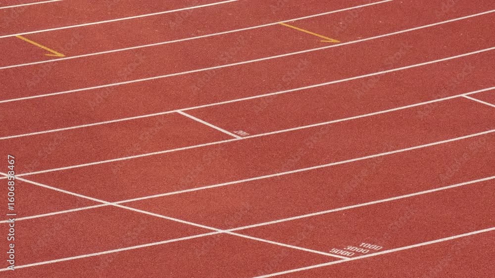 Rubberized artificial racing lane surface for track athletics, white lines and curved in the stadium. Rubberized artificial racing lane surface for track athletics, white lines and curved in the stadium.