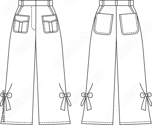 Stylish Women's Wide Leg Pants Design, Front and Back View, Cargo Pockets, Decorative Bow Details, Fashion Apparel Template, Editable Vector Flat Sketch.
