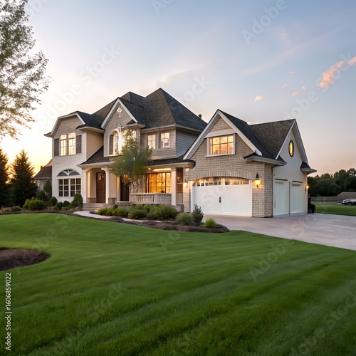 Luxury Modern House at Sunset with Green Lawn – Elegant Two-Story Home with Garage and Dramatic Sky