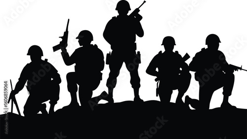 A group of five soldiers in silhouette holding rifles and standing in a defensive formation isolated on transparent background