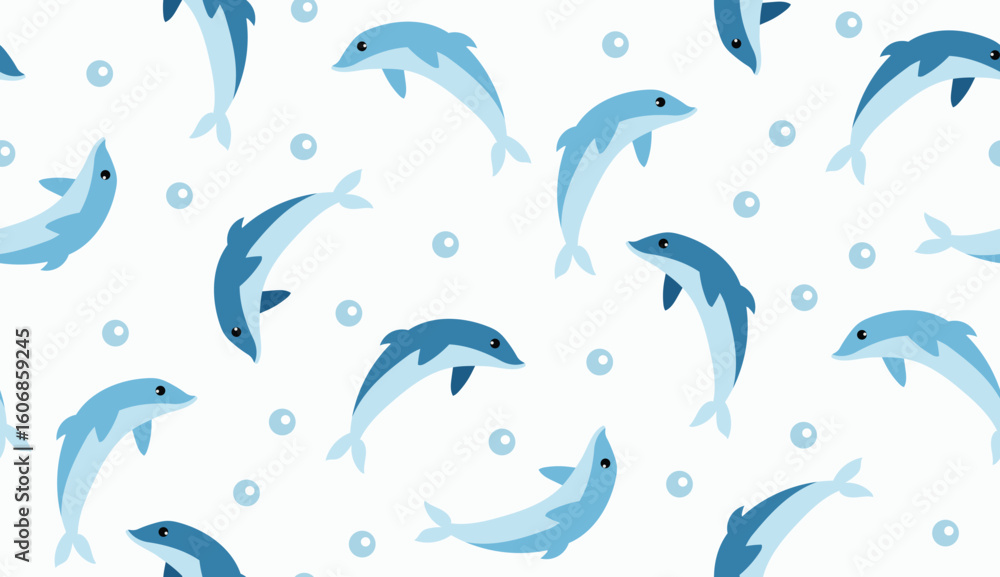 Fototapeta premium Seamless Pattern with Cute Blue Dolphins and Bubbles – Playful Ocean Cartoon Design