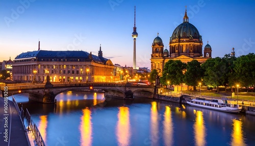 City skyline at dusk over a river