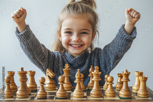 A Happy Little Girl Celebrating Victory After Winning Chess