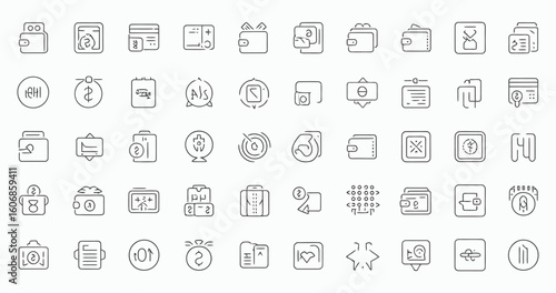 Vector art of a set of outline icons representing wallets, money and payment methods, isolated on white background