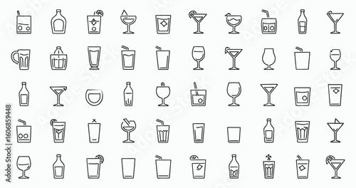 Vector art of an assortment of outline icons representing various alcoholic beverages and cocktails, isolated on white background