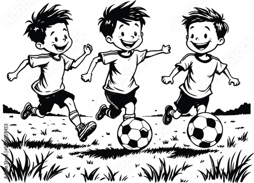 Cartoon illustration of boys playing soccer game vector art black and white clip art for kids design 100 silhouette