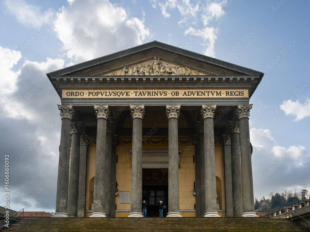 Fototapeta premium Low-angle view of the Church of Gran Madre di Dio (1831) in the Borgo Po neighbourhood, against cloudy sky in winter, Turin, Piedmont, Italy